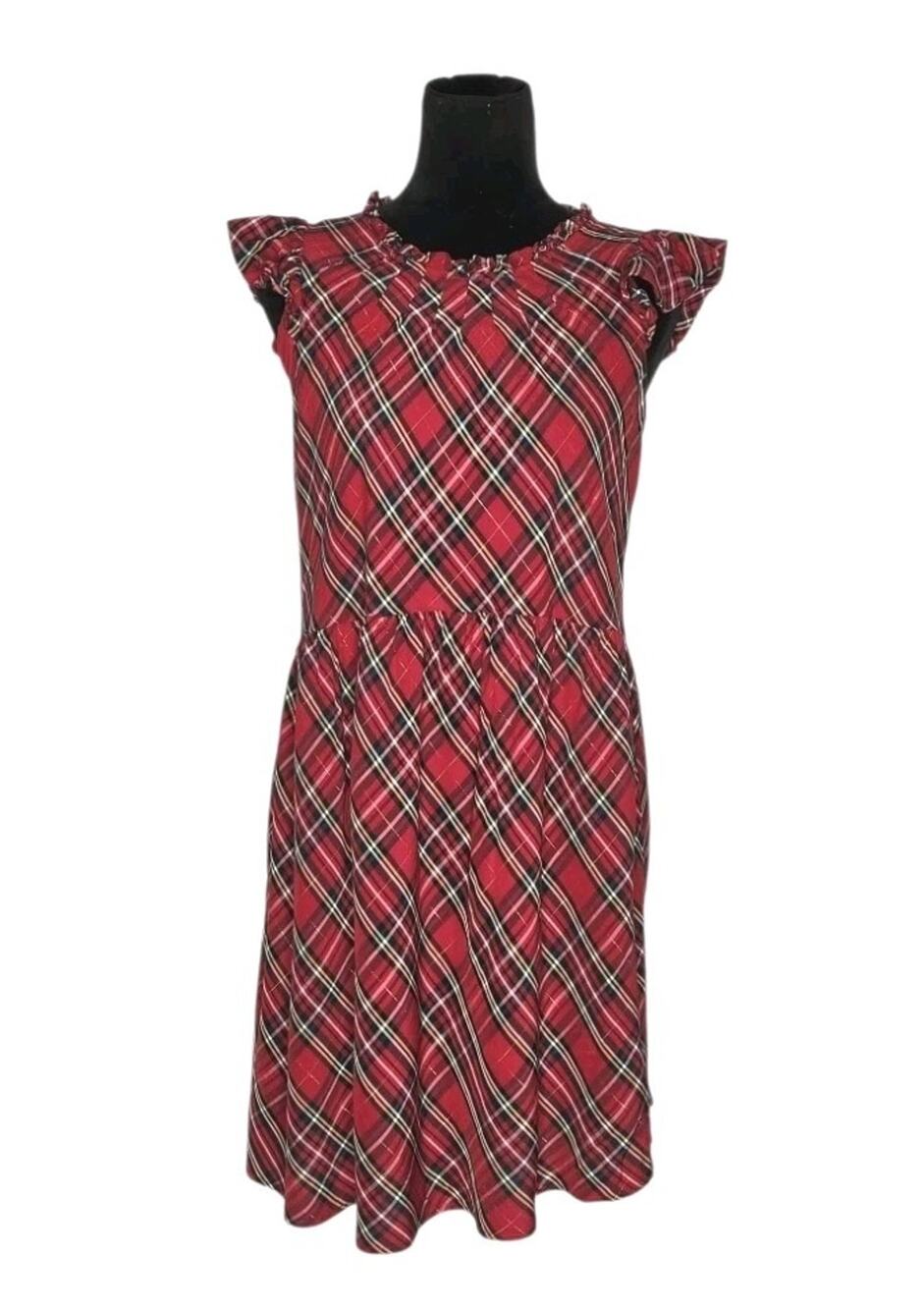 Vineyard Vines Red Tartan Plaid Pleated Babydoll Dress Sz 8 Ruffle Sleeve Preppy
